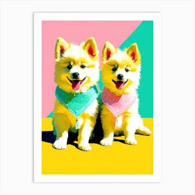 'American Eskimo Dog Pups' , This Contemporary art brings POP Art and Flat Vector Art Together, Colorful, Home Decor, Kids Room Decor,  Animal Art,  Puppy Bank - 18th Art Print