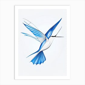 Hummingbird Symbol 1 Blue And White Line Drawing Art Print