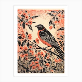 Birds And Branches Linocut Style 5 Art Print