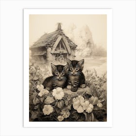 Sepia Drawing Of Kittens With A Medieval Village 3 Art Print
