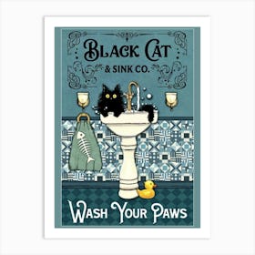 Bathroom Art! Black Cat in the Sink "Wash Your Paws" Vintage Style Black Cat & Sink Co Art Print