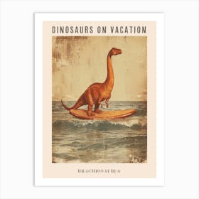 Vintage Brachiosaurus Dinosaur On A Surf Board 1 Poster Art Print