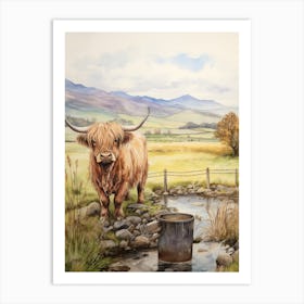 Highland Cow Drinking Water From Trough 1 Art Print