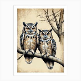 Owls On A Branch 1 Art Print