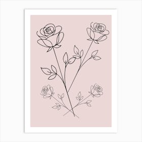 Roses On A Pink Background Minimalist Line Art Print