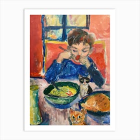 Portrait Of A Boy With Cats Having Ramen 3 Art Print