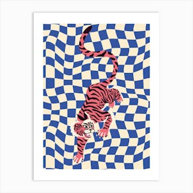 Tiger On Blue Checkered Pattern Art Print