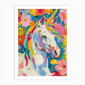 Unicorn Painted Portrait Floral Rainbow 1 Art Print