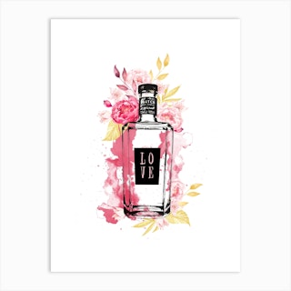 Pink Flowers Gin Bottle Art Print