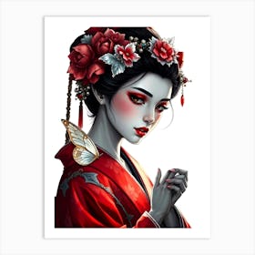 Geisha With Butterfly - Red Illustration Art Print