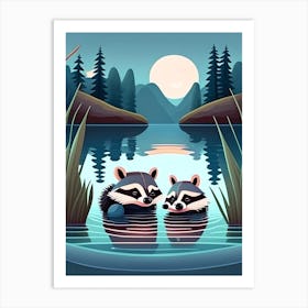 Two Raccoons Swimming At Night Art Print