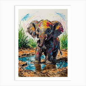 Baby Elephant In The Puddle Art Print