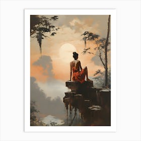 Woman Sitting On A Rock Art Print