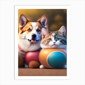 Funny Dog And Cat Art Print