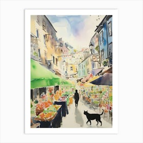 Food Market With Cats In Porto 2 Watercolour Art Print