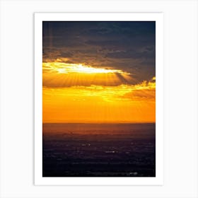 An Idyllic Sunset Unfolds In Heaven Where Beautiful Sun Rays Pierce Through The Clouds Creating A P Art Print