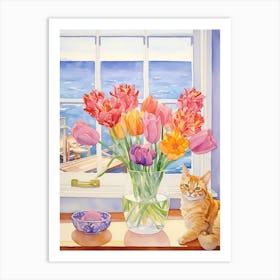 Cat With Tulip Flowers Watercolor Mothers Day Valentines 2 Art Print
