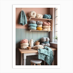 Table With Yarn And Knitting Needles Art Print