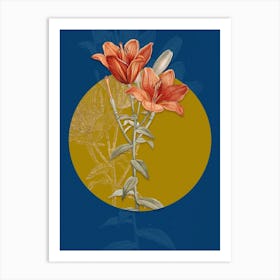 Vintage Botanical Orange Bulbous Lily on Circle Yellow on Blue n.0315 Art Print