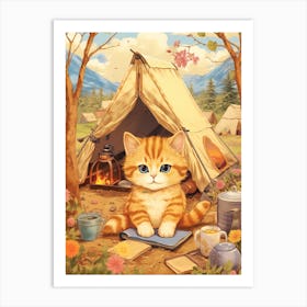 Kawaii Cat Drawings Camping 5 Art Print