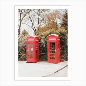 London, England I Iconic vibrant red British telephone boxes in Primrose Hill londoner district street photography of an urban scene in a natural park with autumn pastel retro vintage aesthetic Poster