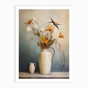 Bird Of Paradise, Autumn Fall Flowers Sitting In A White Vase, Farmhouse Style 1 Art Print