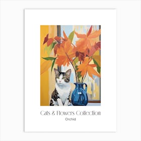 Cats & Flowers Collection Orchid Flower Vase And A Cat, A Painting In The Style Of Matisse 1 Art Print