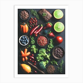 Healthy Foods On Black Background Art Print