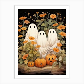 Cute Bedsheet Ghost, Botanical Halloween Watercolour 110 Art Print
