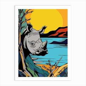 Rhino Peaking Out Behind The Tree Art Print