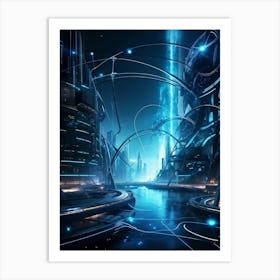 Cybernetic Abstract Concept Art Featuring A Network Of Luminous Dots And Waves Polygons And Streams (2) Art Print