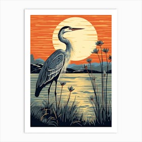Vintage Bird Linocut Great Blue Heron 10 Art Print