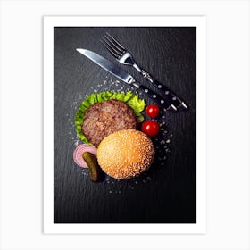 Burgers and tomatoes — Food kitchen poster/blackboard, photo art 1 Art Print