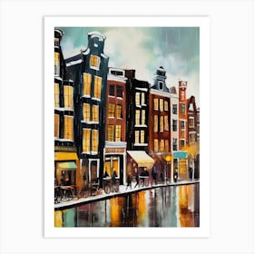 Amsterdam cafes, winter season, winter oil colors, pedestrians in the street, winter clothes, rain falling, Amsterdam print, Netherlands print, travel gift, Netherlands poster.7 11 Poster