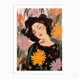 Woman With Autumnal Flowers Calendula 2 Art Print