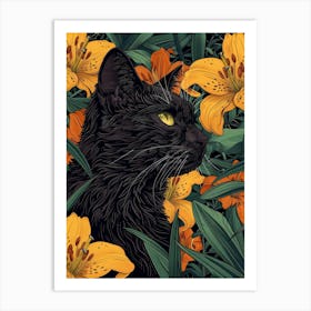 Black Cat With Lilies 1 Art Print