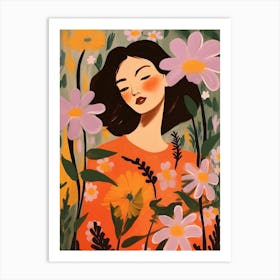 Woman With Autumnal Flowers Cosmos Art Print