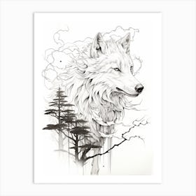 Japanese Wolf Line Drawing 1 Art Print