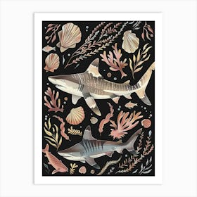 Zebra Shark Seascape Black Background Illustration 2 Art Print