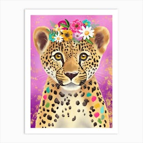 Leopard with flowers on a pink background Art Print