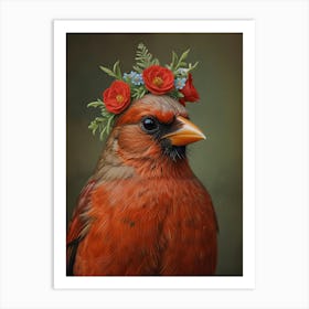 Cardinal With Flower Crown European Robin Art Print