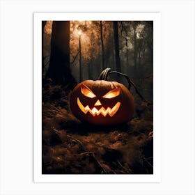 Spooky Pumpkin In Dark Forest, Halloween Decor Art Print