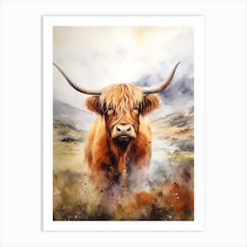 Highland Cow By The Lake Watercolour  1 Art Print