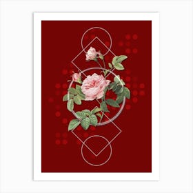 Vintage Pink Rose Turbine Botanical with Geometric Line Motif and Dot Pattern n.0160 Art Print