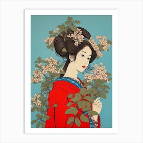 Hagi Bush Clover Vintage Japanese Botanical And Geisha Art Print