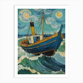 Painting Of Boat In Rough Ocean With Full Moon Art Print