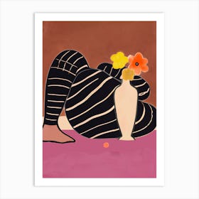 Woman Chilling On The Floor With Flowers Art Print