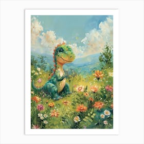 Cute Dinosaur In A Meadow Storybook Painting 1 Art Print