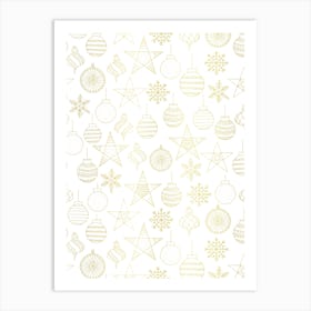 Line Art Stars and Christmas Ornaments Gold and White Art Print