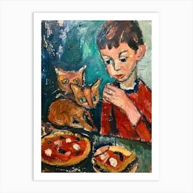 Portrait Of A Boy With Cats Having Pizza 4 Art Print